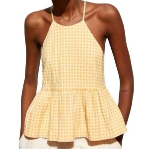 Zara Yellow Gingham Checkered Cropped Peplum Halter Blouse Tie Back Cottage Core